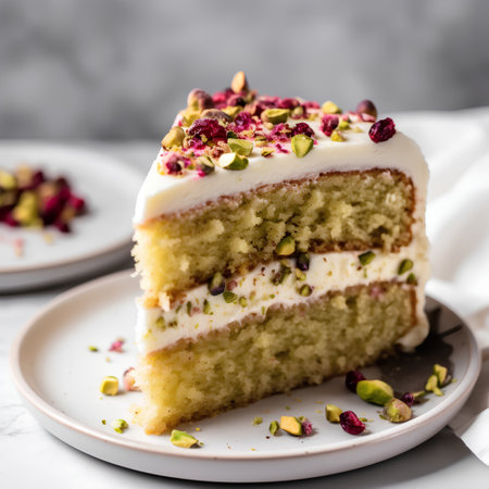 Pistachio cake with whipped cream and pistachios, squareの素材