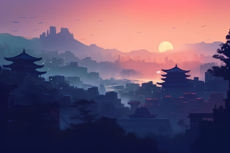Landscape of the city with pagoda and mountains at sunset. Vector illustration.の素材