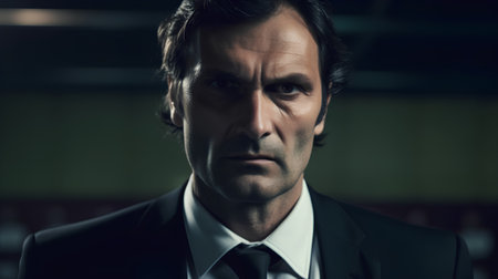 Portrait of a serious businessman looking at camera in a dark officeの素材