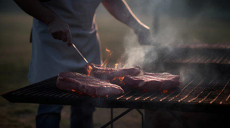 Man cooking steaks on barbecue grill outdoors at summer evening. Selective focusの素材
