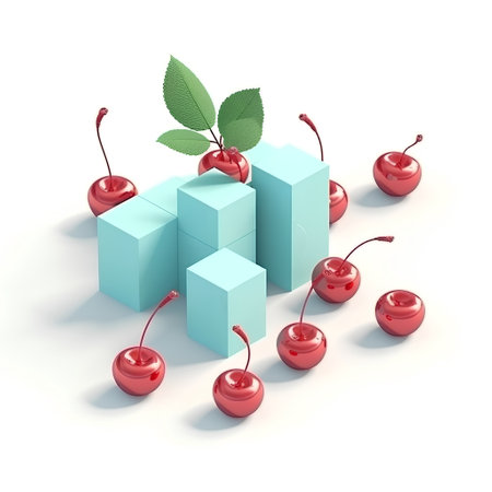 3d illustration of cherries and cubes on a white background.の素材