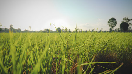 Rice field in the morning. Nature background. Vintage tone.の素材