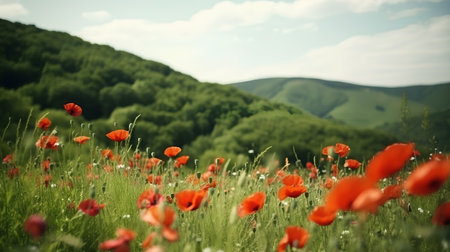 Red poppies on a green meadow in the mountains.の素材