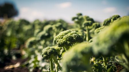 Close-up of fresh green broccoli in the field. Selective focus.の素材
