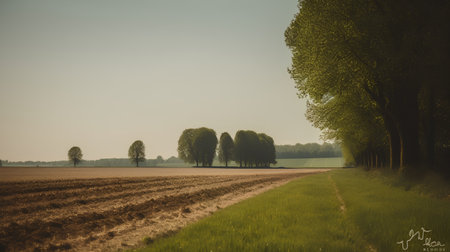 Beautiful landscape with trees and field in the countryside. Vintage style.の素材