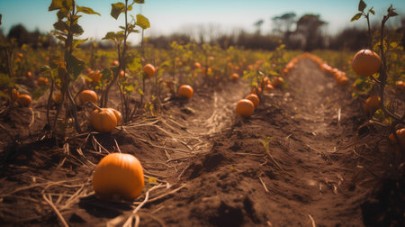 Rows of pumpkins growing in a farm field. Selective focus.の素材