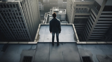 Businessman standing on the top of a building looking at the cityの素材
