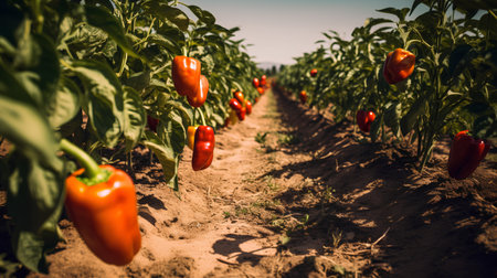 Red bell peppers growing on a field in the countryside. Selective focus.の素材