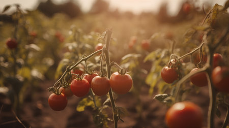 Ripe red tomatoes growing on the vine in the field at sunsetの素材
