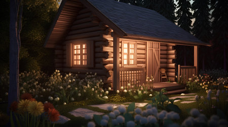 Wooden cottage in the garden at night. 3D rendering.の素材