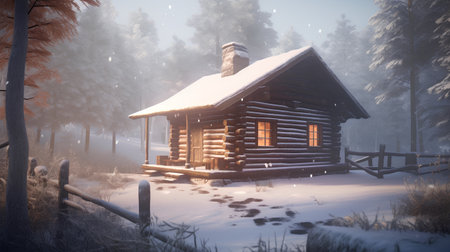 Wooden house in the winter forest. 3d illustration. Vintage style.の素材