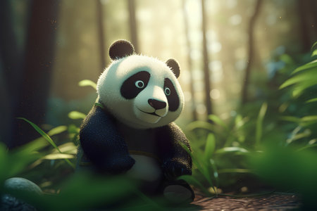 Cute panda sitting on the ground in the forest with sunlightの素材