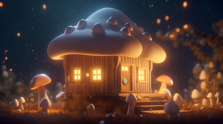 Fantasy fairy house in the forest at night. 3d illustrationの素材