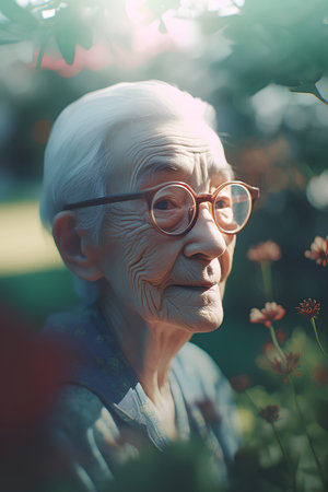 Portrait of a senior woman with glasses in the garden. Vintage style.の素材