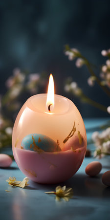 Candle with easter eggs and spring flowers on a blue backgroundの素材