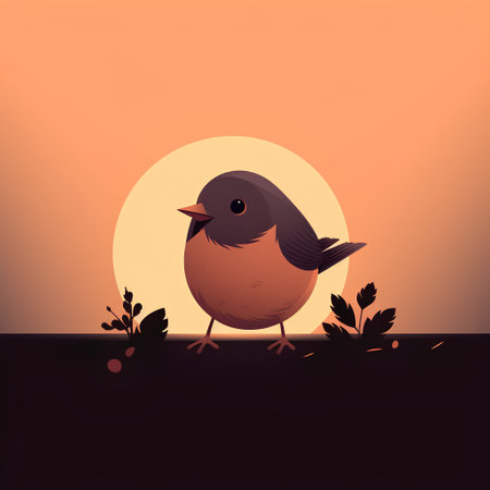 Vector illustration of a robin on the background of the setting sun.の素材