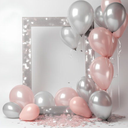 Pink and silver balloons with silver frame and confetti. 3D renderingの素材