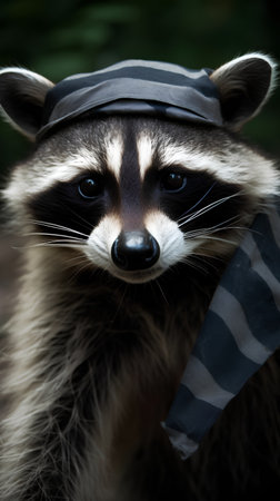 Portrait of a raccoon wearing a bandana and a hatの素材