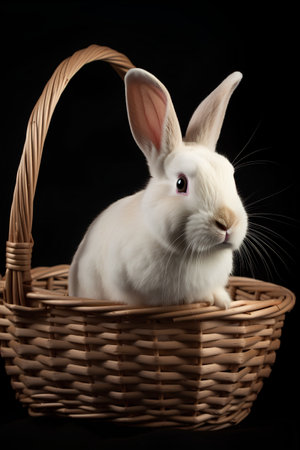 Cute white rabbit in a wicker basket on a black backgroundの素材
