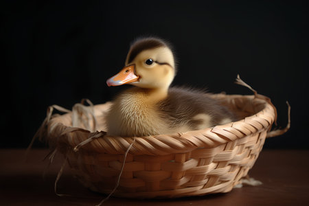 Cute little duckling in a basket on a dark background.の素材