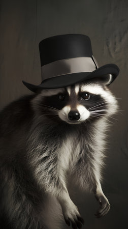 Portrait of a raccoon in a top hat on a dark backgroundの素材