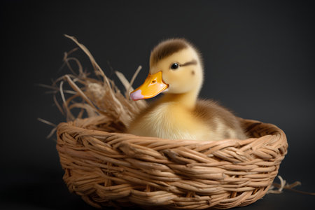 Cute duckling in a wicker basket on a dark backgroundの素材