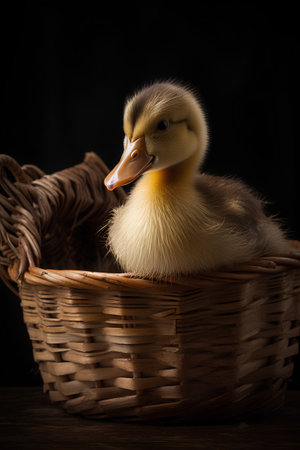 Cute duckling in a basket on a black background. Selective focus.の素材