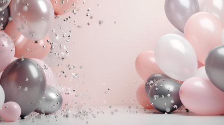 Pink, silver and white balloons with confetti. 3d renderingの素材