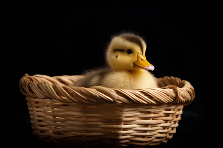 Cute yellow duckling in a basket on a black background.の素材