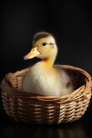 Cute duckling in a wicker basket on a black backgroundの素材