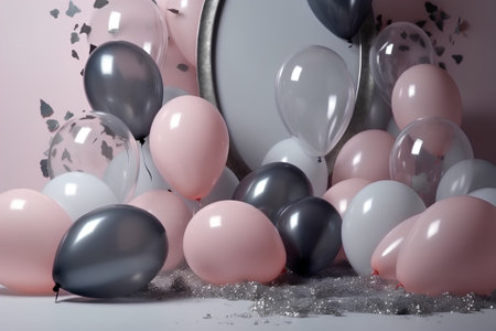 Birthday background with pink and grey balloons and confetti, 3d renderの素材