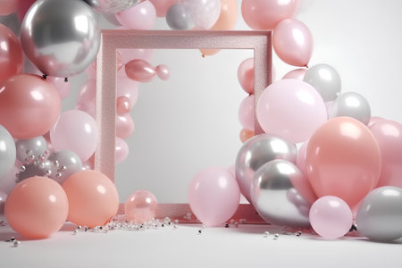 Pink and silver balloons, frame and confetti. 3d renderの素材