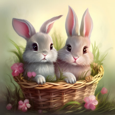 Rabbits in a wicker basket on a background of spring flowersの素材