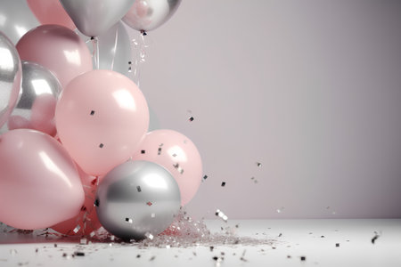 3d render of pink and silver balloons with confetti falling on floorの素材