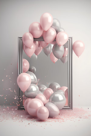 3d render, pink and silver balloons in frame on grey backgroundの素材