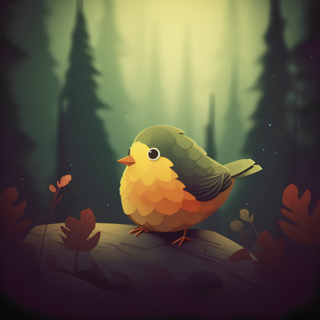 Cute little bird in the forest. Vector illustration of cartoon style.の素材