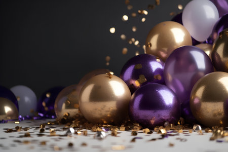 Golden and purple Christmas baubles with confetti on dark backgroundの素材