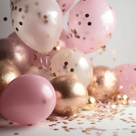 Festive background with pink and gold balloons and confetti on whiteの素材