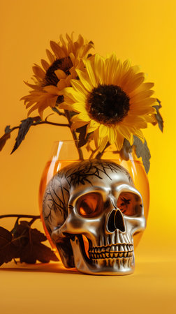 Skull and sunflowers in vase on yellow background. Halloween concept.の素材