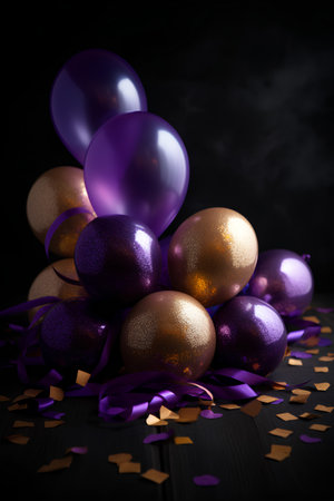 Easter eggs with purple ribbons and confetti on black backgroundの素材