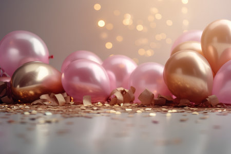 Holiday background with pink and golden balloons and confetti. 3d renderの素材