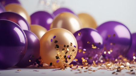 Purple and golden balloons with confetti on a white background.の素材