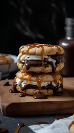 Pancakes with chocolate sauce and caramel on a dark background.の素材