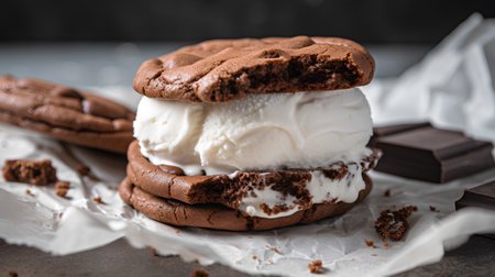 Chocolate cookies with vanilla ice cream, selective focus, square imageの素材