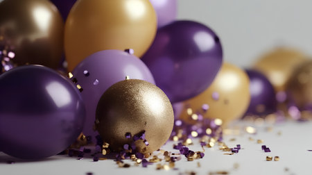Golden Christmas ball with purple and gold confetti on a white backgroundの素材