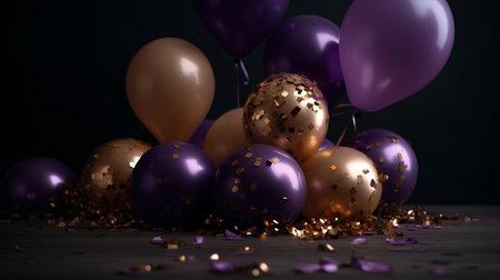 Purple and golden balloons with confetti and ribbons on a black backgroundの素材