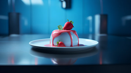 Panna cotta with strawberry on a blue background. 3d renderingの素材