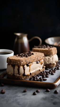 Tiramisu cake with coffee beans on dark background, squareの素材