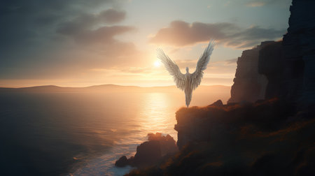 Angel on the top of the cliff. 3D render. Conceptual image.の素材
