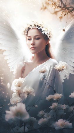 Beautiful young woman with white angel wings and flowers in her hairの素材